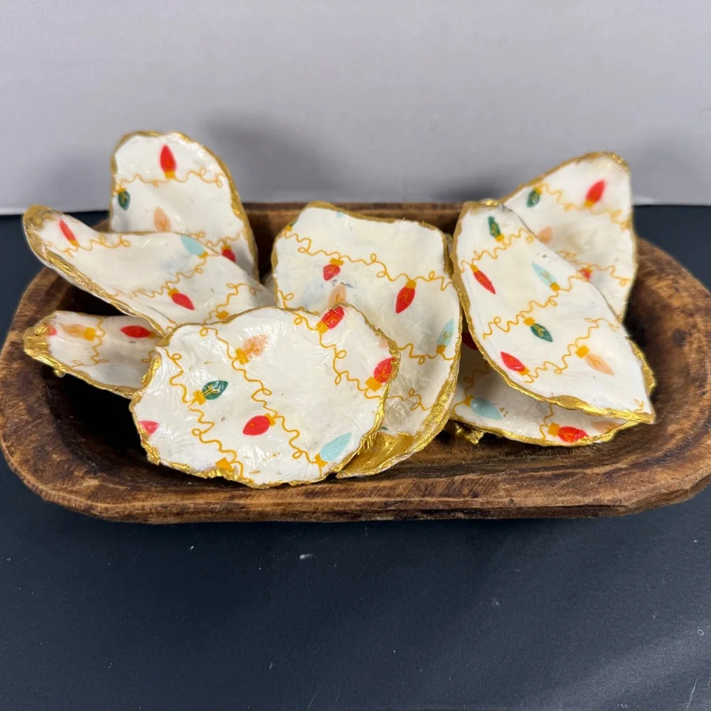 Set of 9 Decoupage Oyster Shells Christmas Lights Gilded Gold Edge Holiday Decor